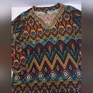 Rafaella women's 3/4 stretch knit geo print beaded front  3Xl In  Browns Tones